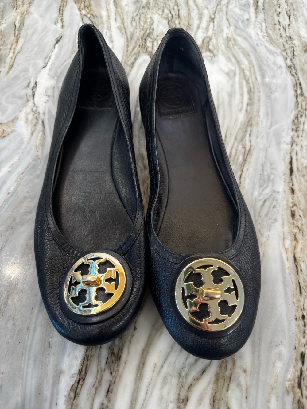 Tory Burch Black Leather Ballet Flats with Gold Logo Medallion